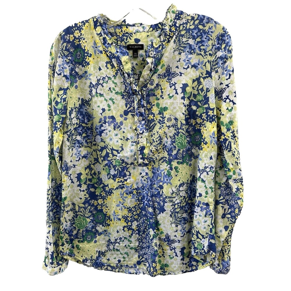 Talbots Blue Yellow White Floral Print LS Womens Top Size XS Ruffle Trim